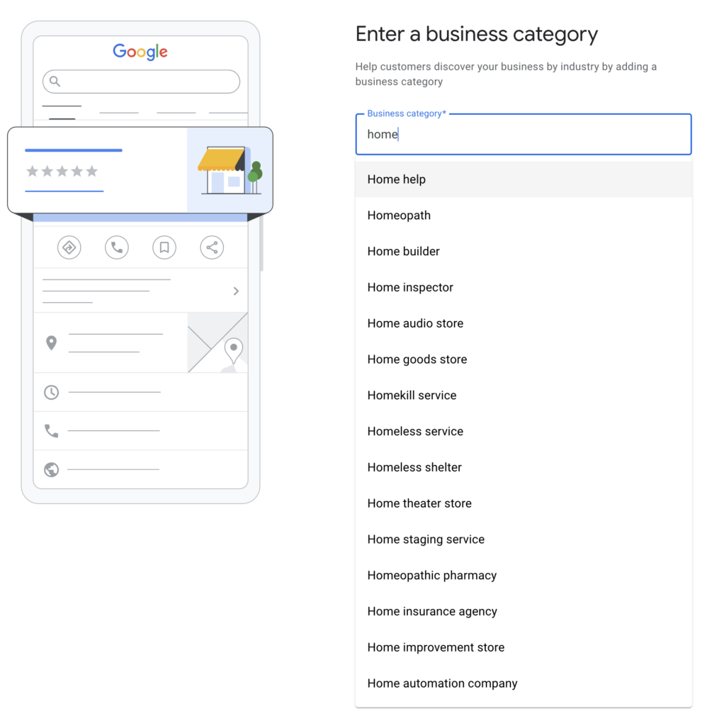 Screenshot of the Enter a Business Category selection screen from Google Business Profile