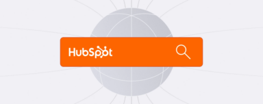 Illustration of HubSpot branding with a search icon, representing SEO and search optimization