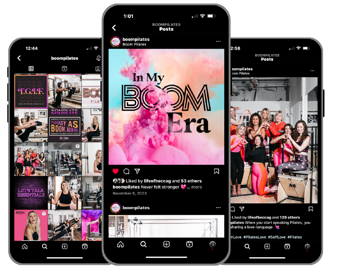 boom pilates instagram pages mocked up on 3 mobile phones