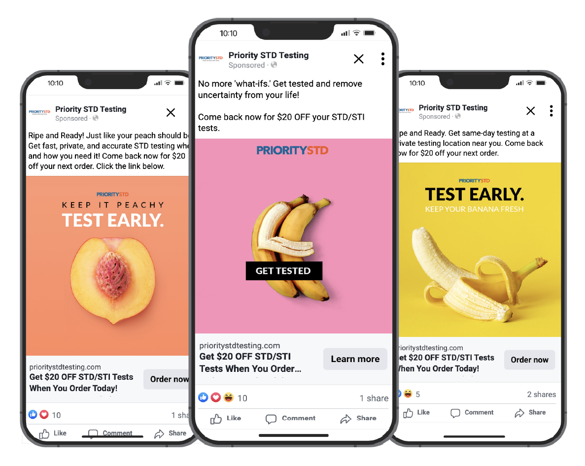priority std ads mocked up on 3 phone screens