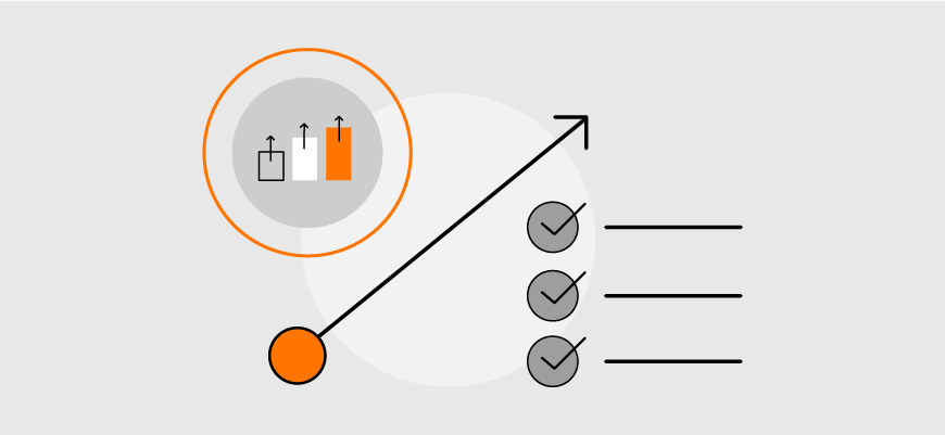 pointed arrow dividing an increasing bar graph and checklist