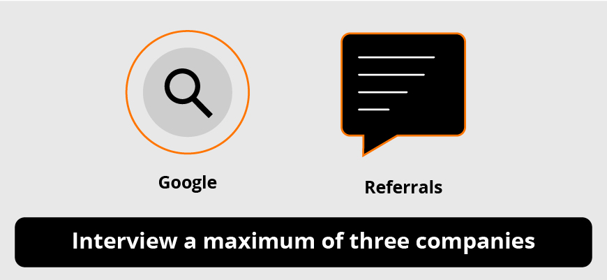 spyglass and comment box graphics pointing to the importance of using Google and referrals to interview a maximum of three web design companies