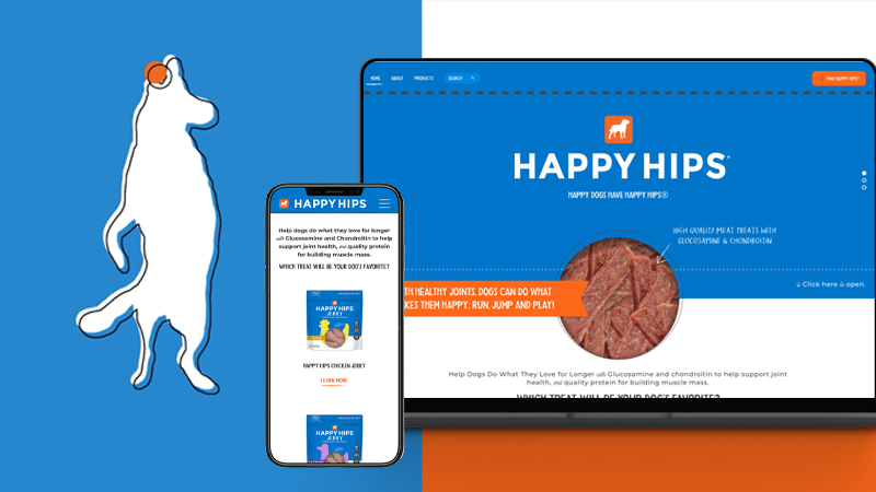 happy hips icon next to mocked up home screen on computer next to mocked up treat page on mobile phone