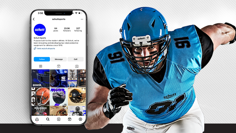 schutt sports social media mockup next to a football player