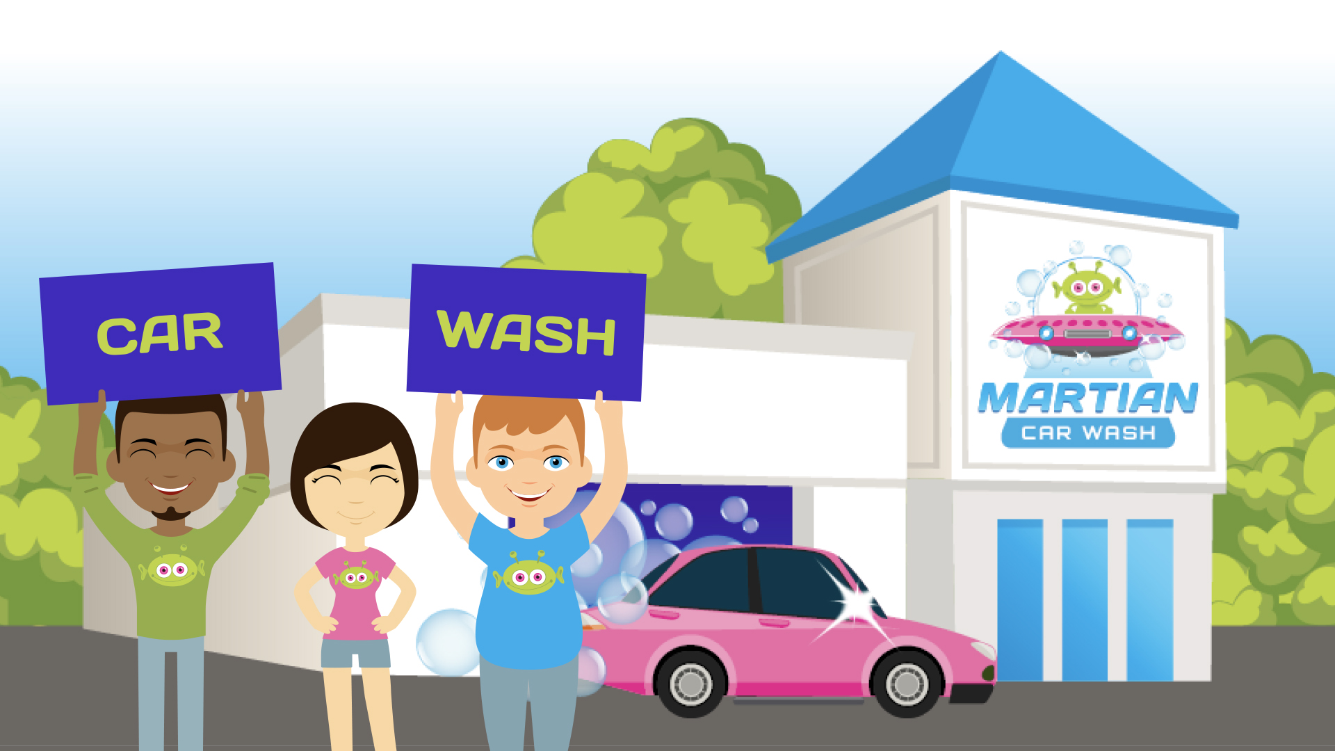 cartoon branding of martian car wash