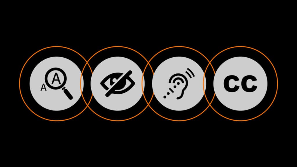four icons symbolizing important factors for ada compliance including text size, the visually impaired, hearing impaired and closed captions
