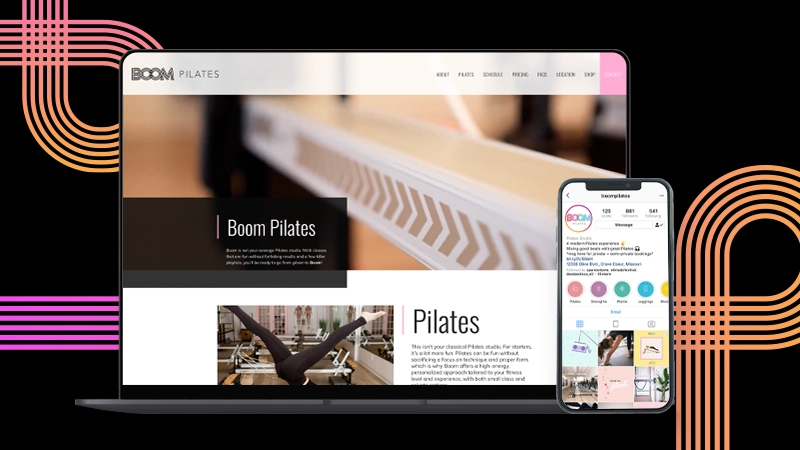 home screen website design mocked up on a laptop next to a mobile mockup of the Boom Pilates instagram