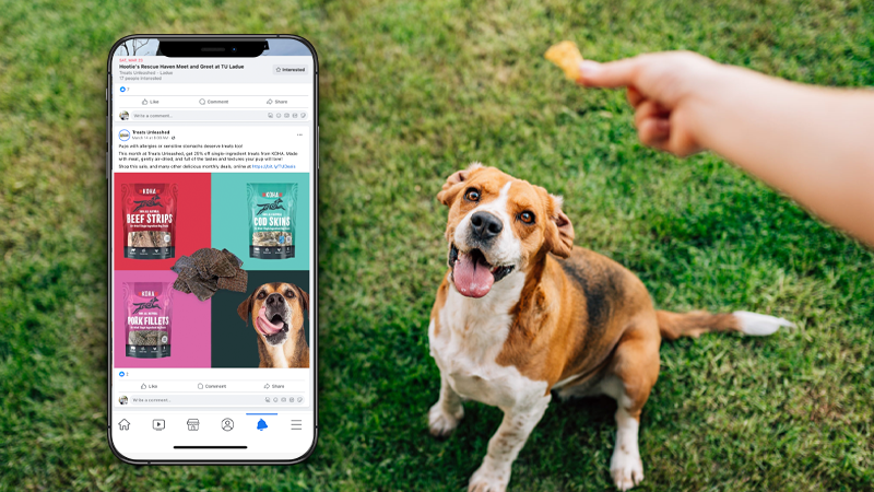 treats unleashed social media mocked up on mobile phone screen next to a dog waiting for a treat