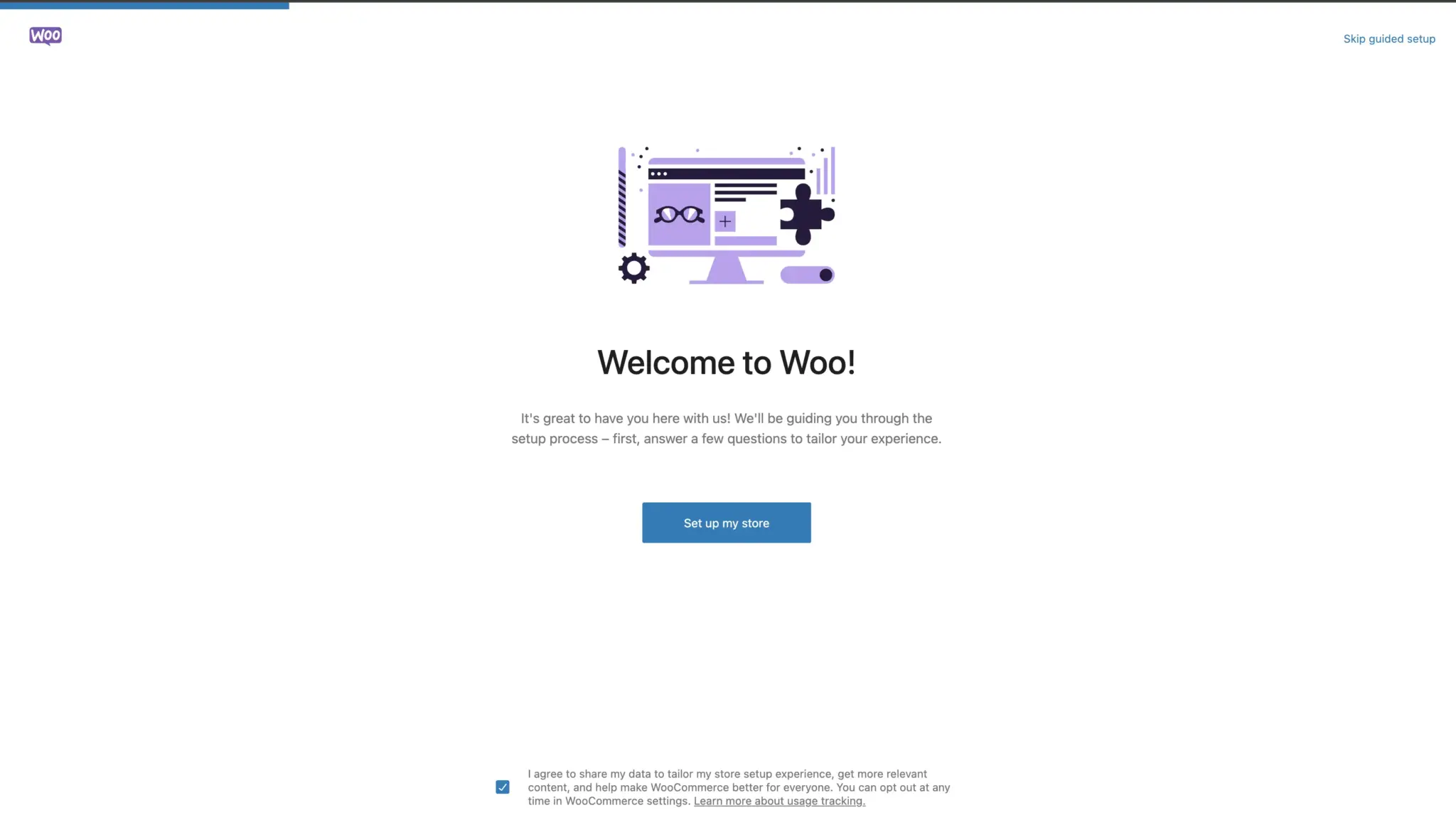 screenshot of woo welcome screen