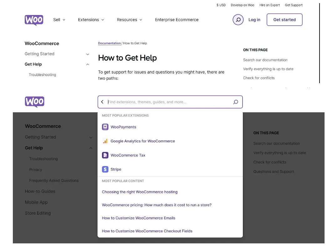 screenshot of woo help and support