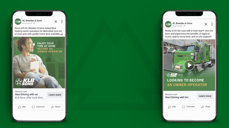 kl breeden social media mocked up on 2 phones near the klb logo