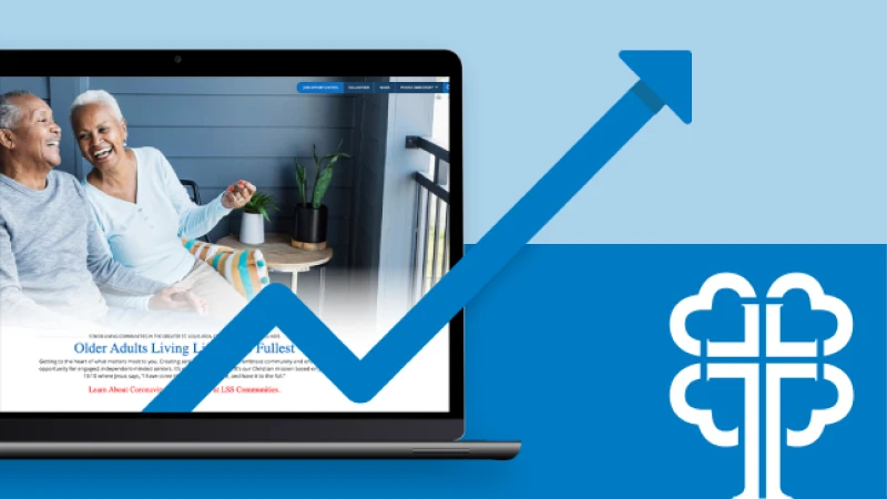 Laptop displaying the Lutheran Senior Services website with an upward trending arrow representing increased website growth and performance.