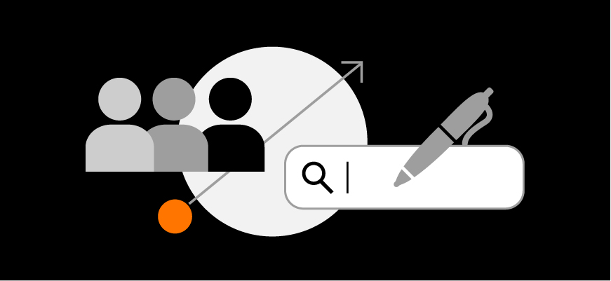 silhouette of a group of SEO specialists accompanied by a search engine bar with pen, and an increasing line graph in the background 