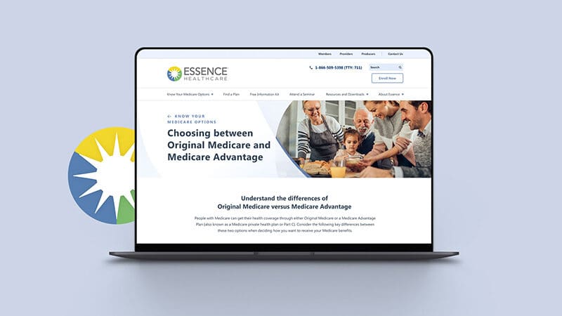 essence healthcare home screen website design mocked up on a laptop next to the essence health logo