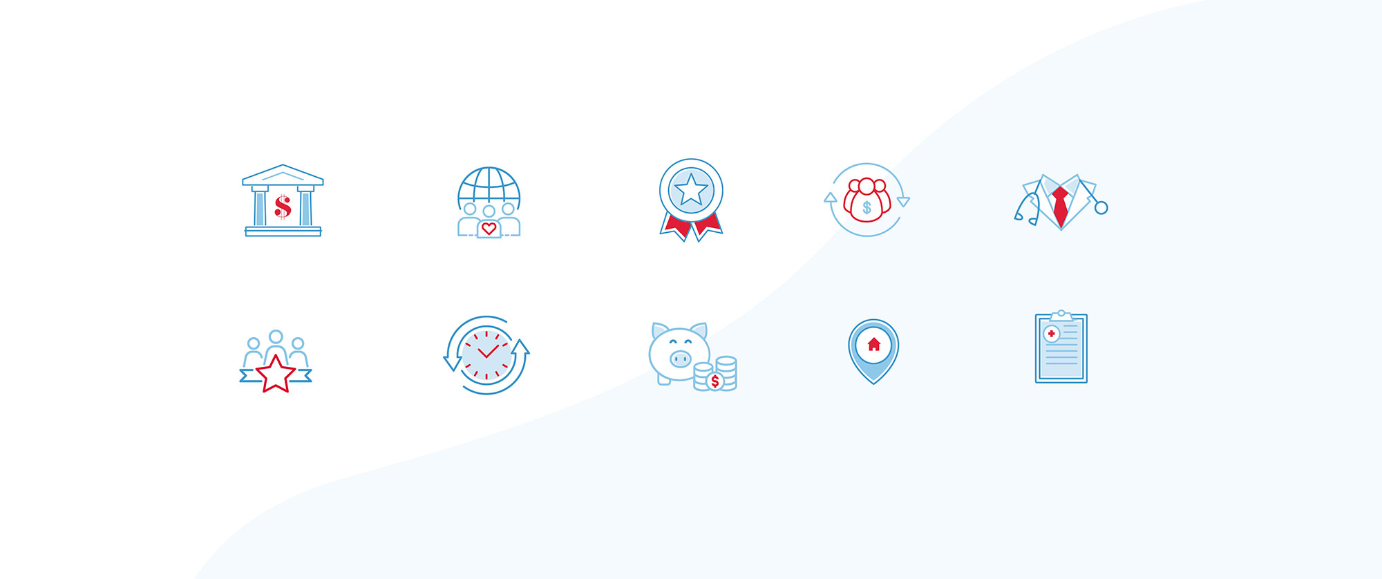 Collection of branded icons including ribbon, pin drop, clock and more