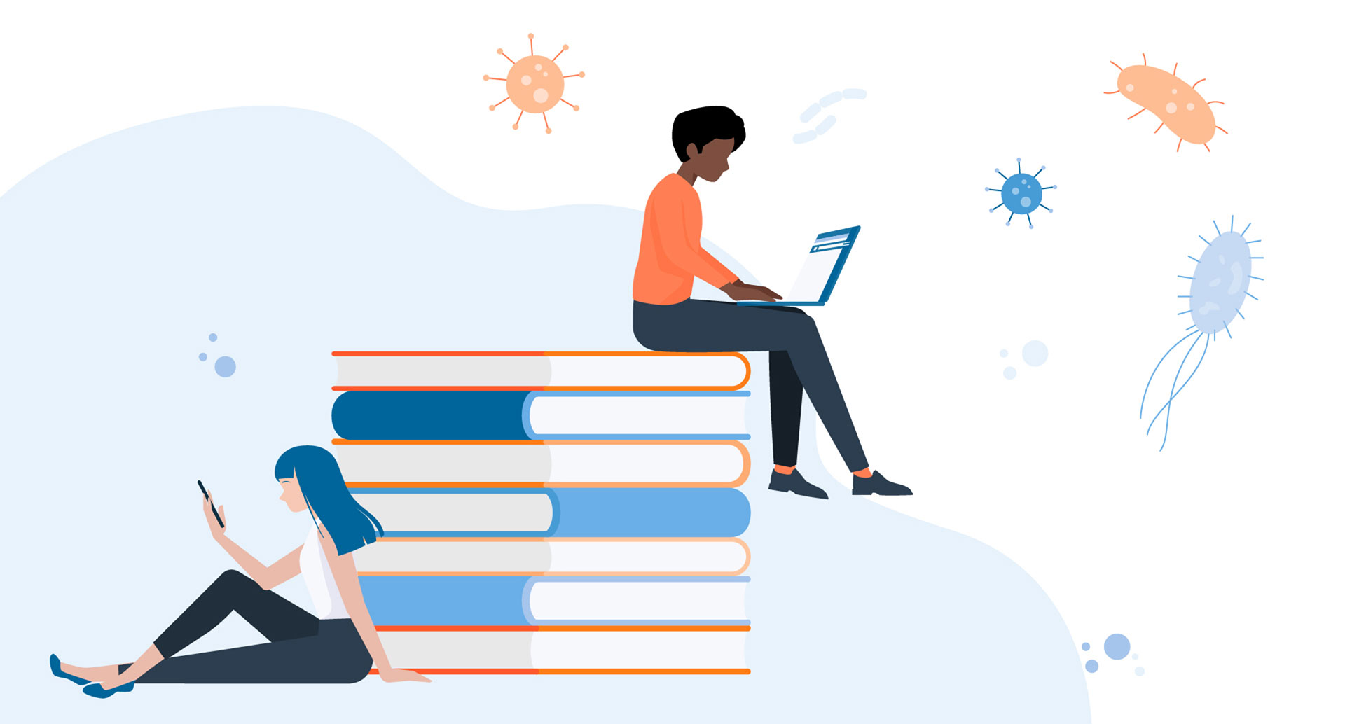 Illustration of two people on laptops on a giant pile of books