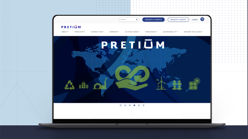 Homepage of the Pretium Packaging website on a laptop, highlighting global operations and sustainability graphics.