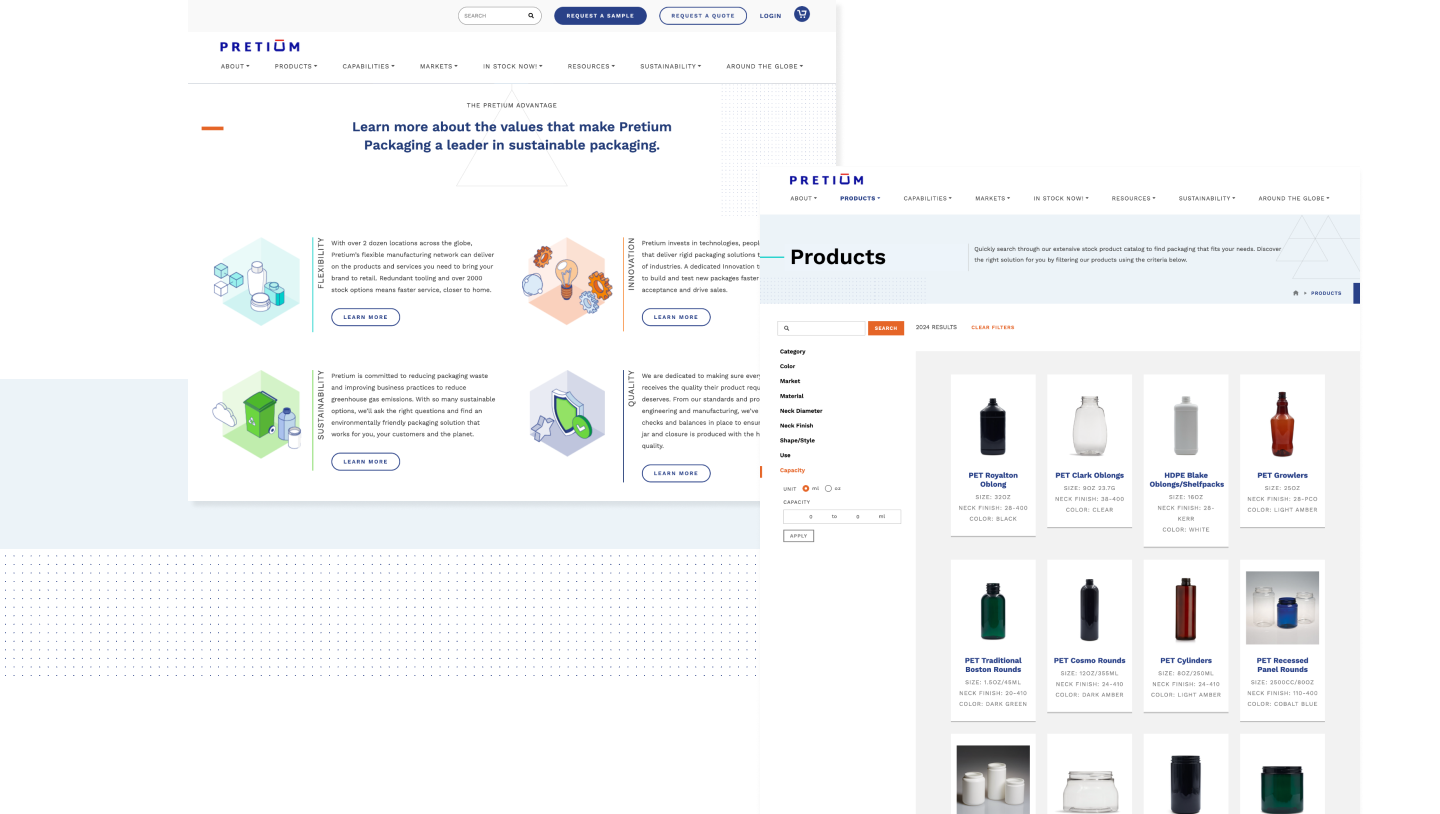 Side-by-side website mockups featuring an In-Stock Inventory Programs page with illustrated icons and a product catalog filter page displaying various plastic bottle products.