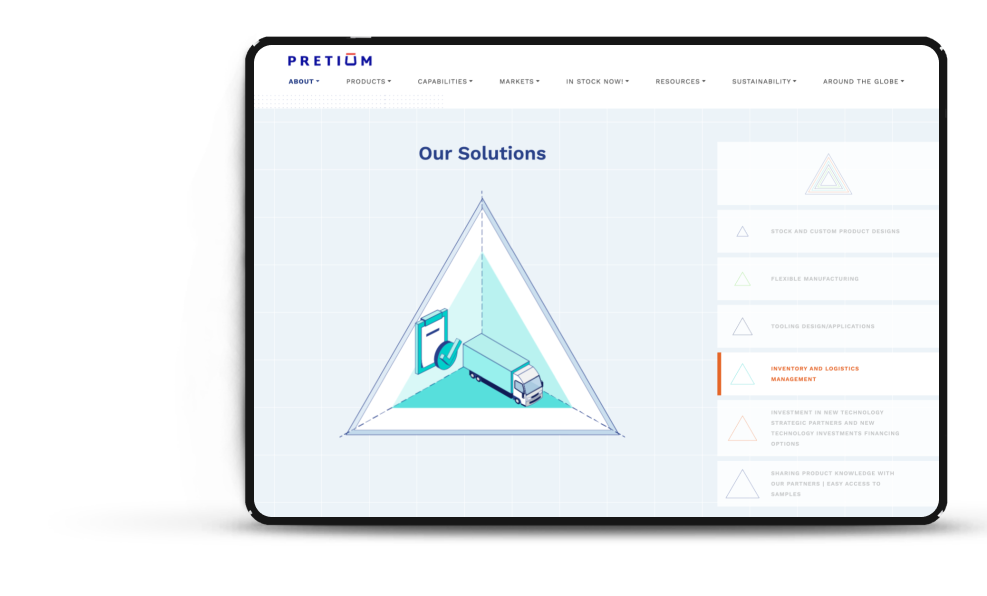 Tablet mockup displaying the ‘Our Solutions’ page with a triangular diagram highlighting Inventory and Logistics Management, featuring icons of a clipboard, checkmark, and delivery truck.