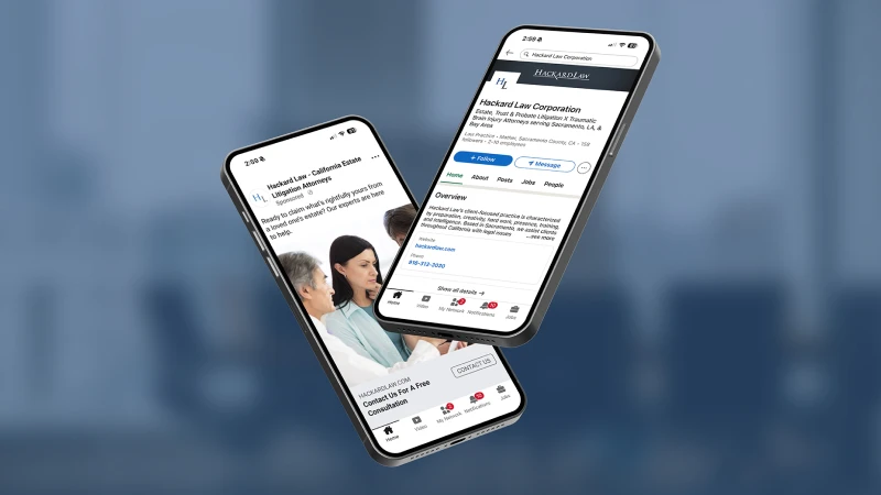 Two overlapping smartphone mockups displaying Hackard Law Corporation’s Facebook profile and social media content against a blue background.