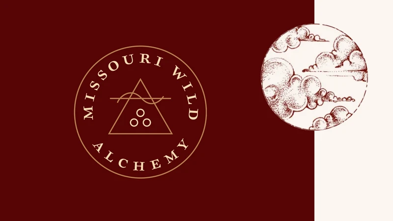 Missouri Wild Alchemy brand identity featuring the company logo and custom illustrated design elements on a burgundy background.