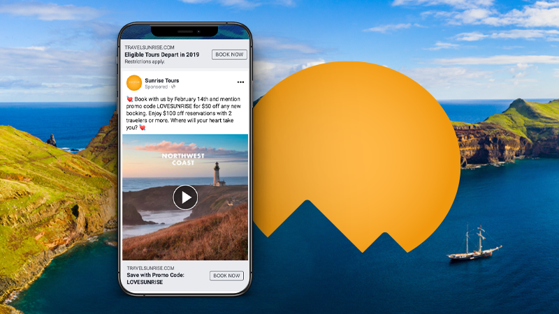 sunrise tours social media page mocked up on a mobile phone next to the sunrise tours logo