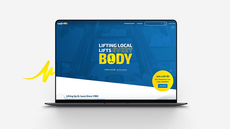 home screen website design of club fitness mocked up on a laptop