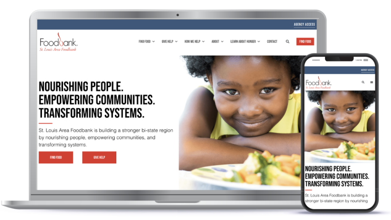 home screen website design mocked up on a laptop next to a mobile home screen mockup of the St. Louis Area Foodbank