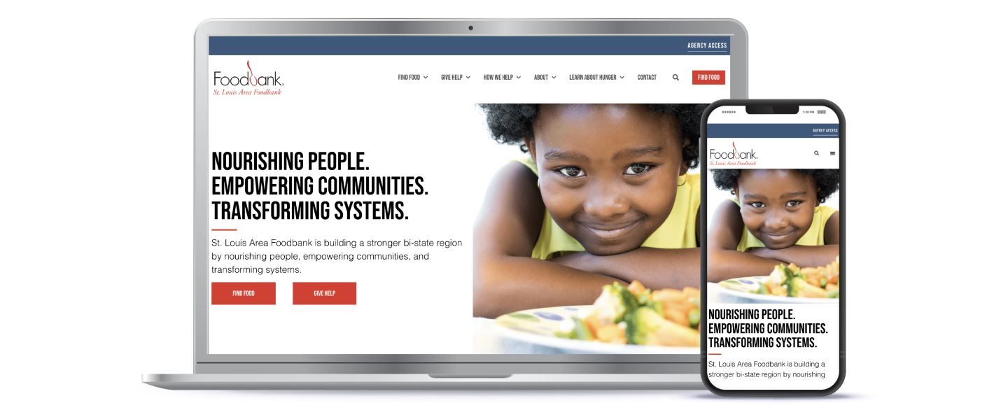 home screen website design mocked up on a laptop next to a mobile home screen mockup of the St. Louis Area Foodbank