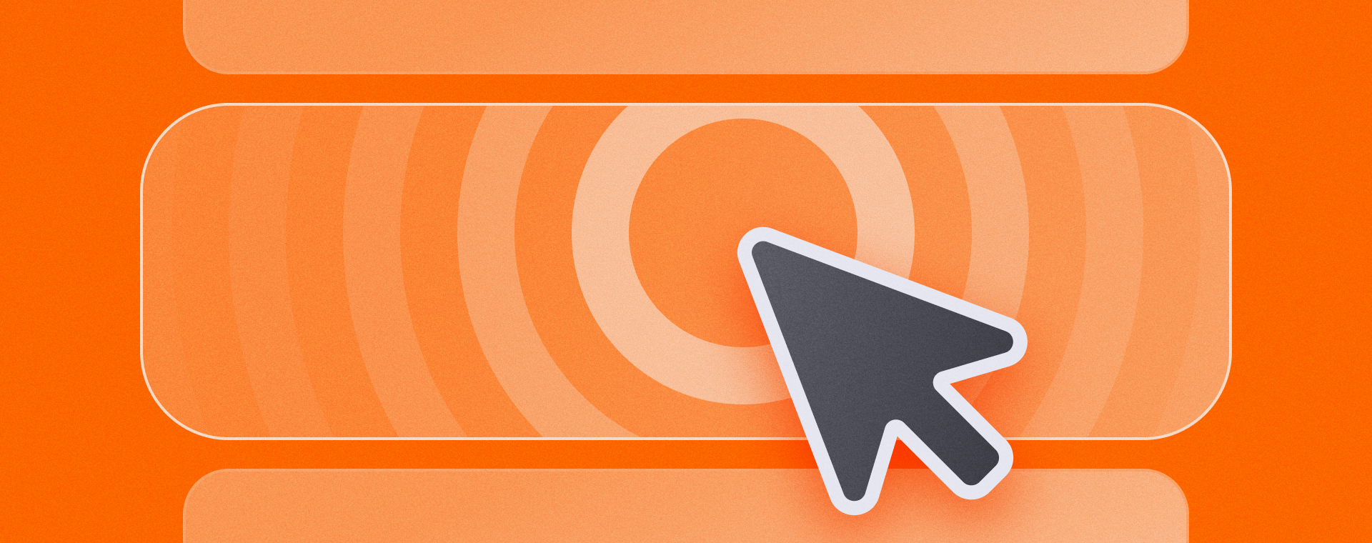 Close-up illustration of a computer cursor clicking a large circular button on an orange interface, symbolizing engagement or click-through activity.