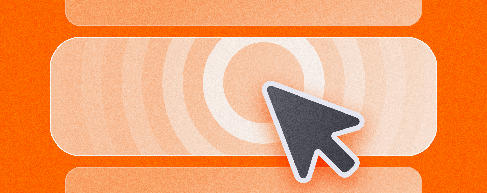 Close-up illustration of a computer cursor clicking a large circular button on an orange interface, symbolizing engagement or click-through activity.