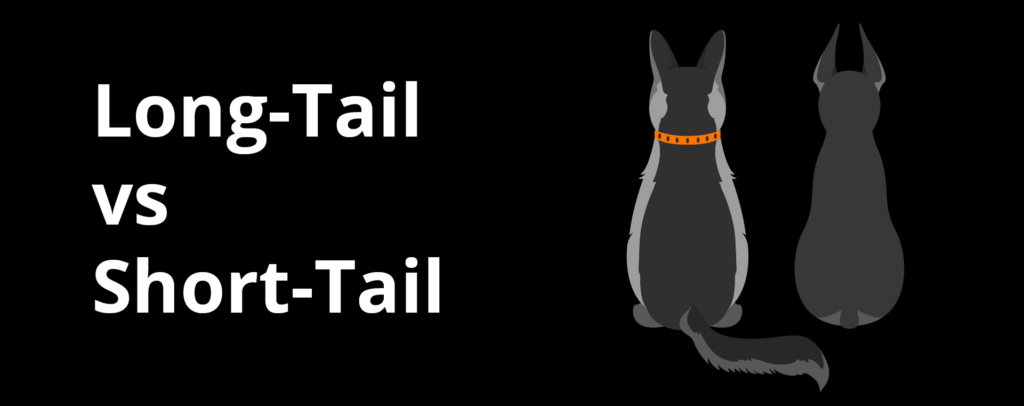 long-tail vs short-tail text next to 2 dogs sitting