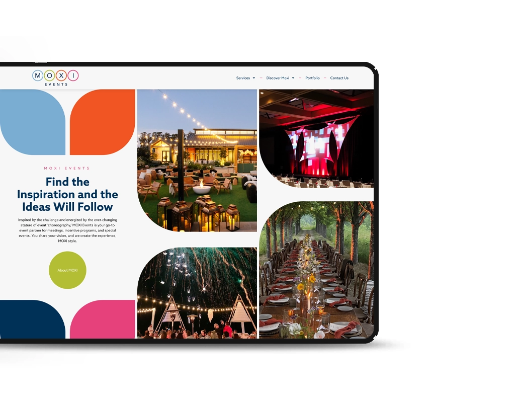 moxi events home page mockup on tablet