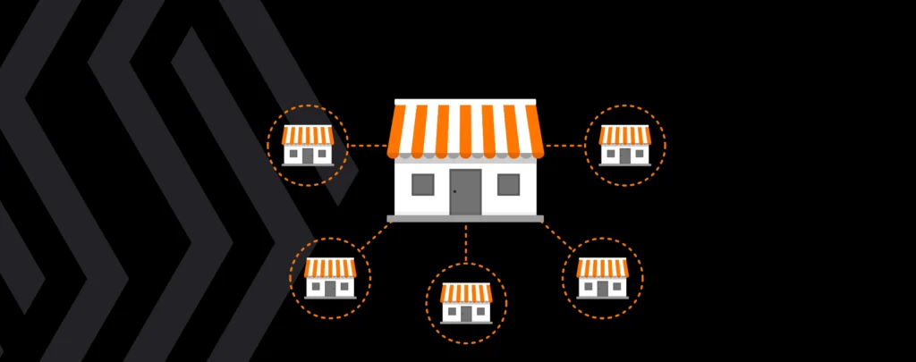 A larger storefront with smaller storefronts linked off of it
