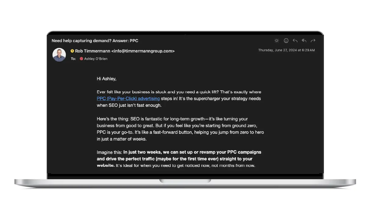 mocked up email from timmermann group mocked up on a laptop