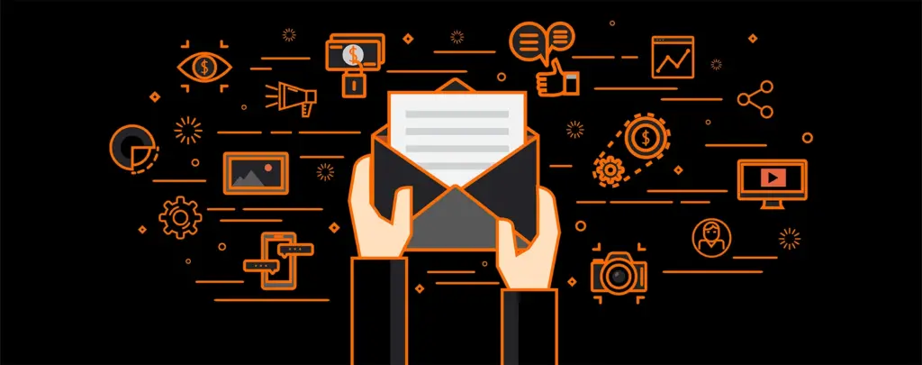 cartoon envelope with letter surrounded by digital marketing icons