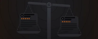 A balance scale with two trays, each displaying a profile card with five orange stars, representing equal online ratings. The background is dark and minimalist, conveying a sense of fairness.