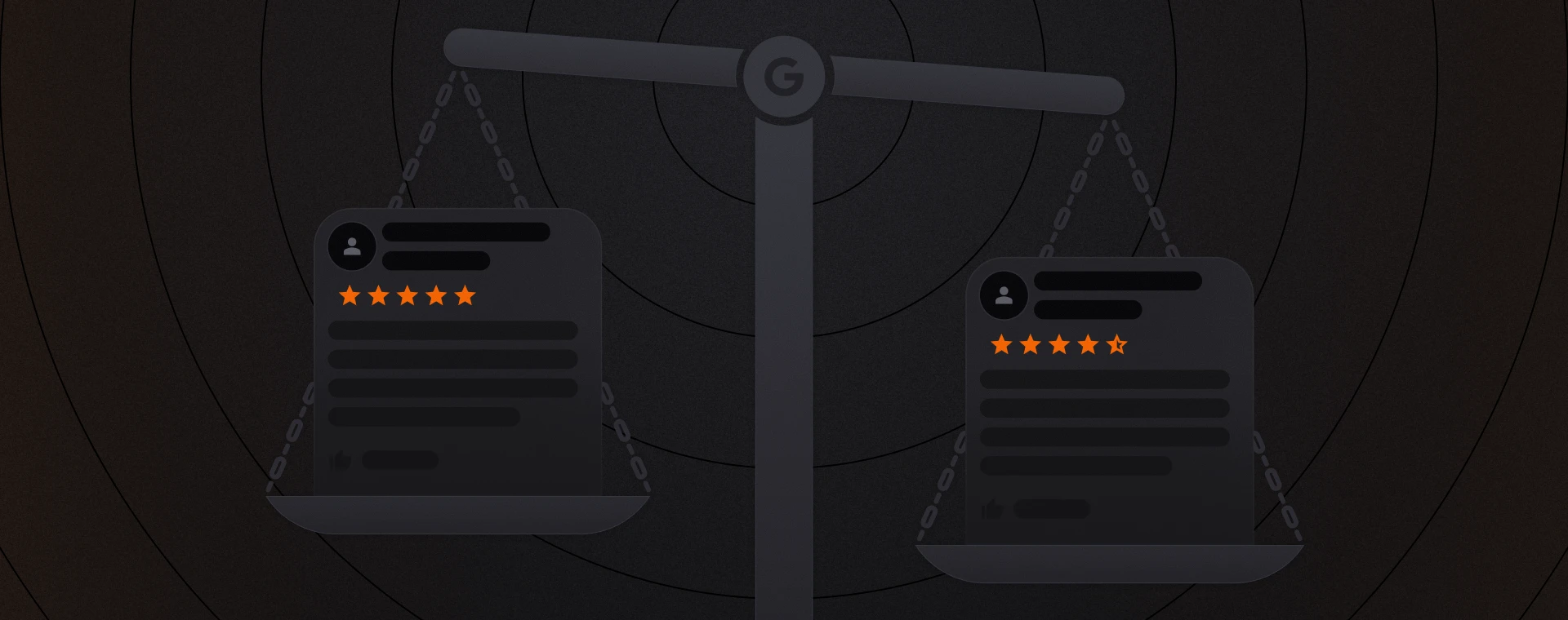 A balance scale with two trays, each displaying a profile card with five orange stars, representing equal online ratings. The background is dark and minimalist, conveying a sense of fairness.