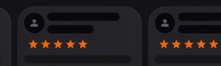 Dark interface with two rounded rectangles, each showing a user icon and a five-star rating in orange. Represents online reviews or ratings. Clean, modern design.