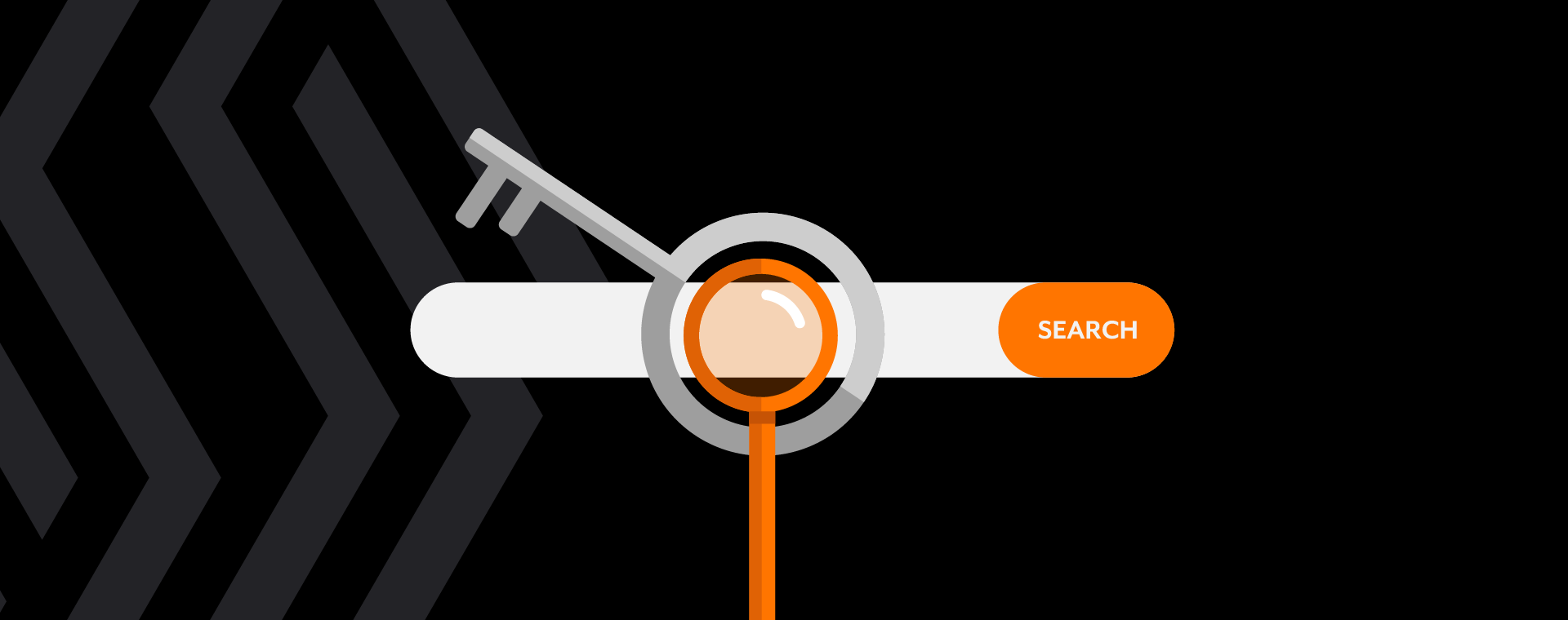 A magnifying glass hovering over a search bar with a key in it.