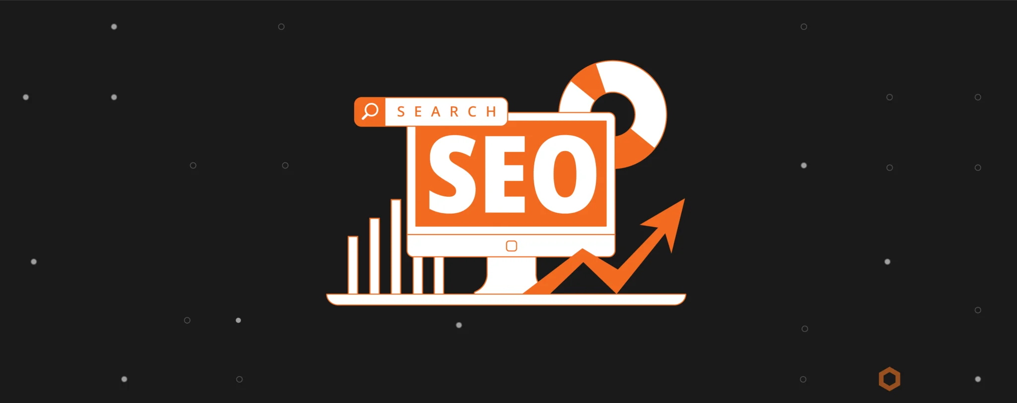 The letters SEO on a computer monitor with charts and graphics surrounding it