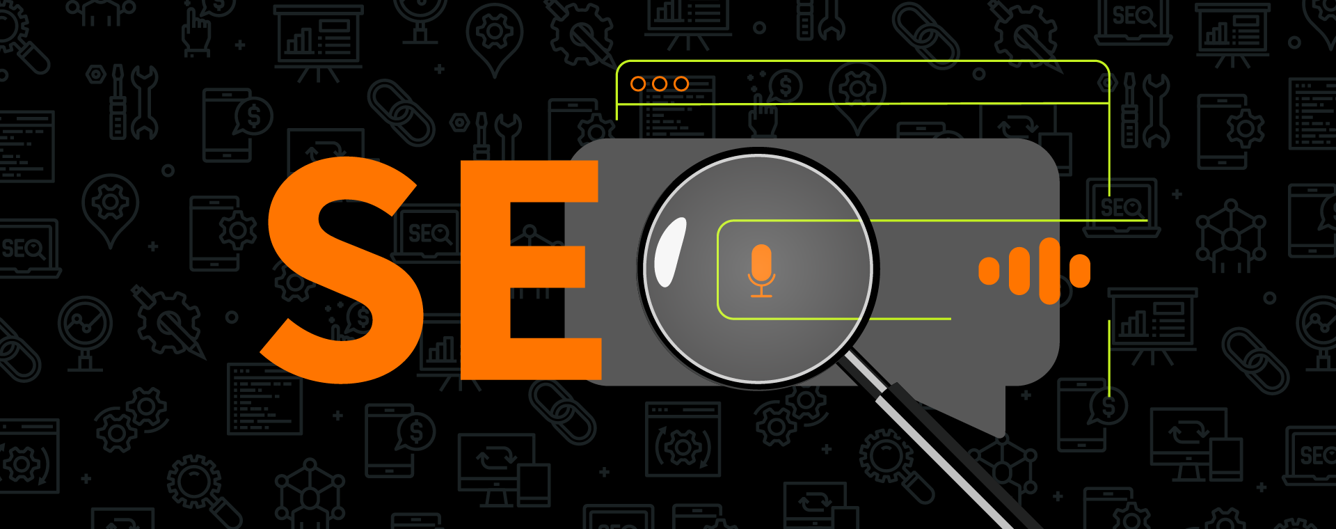 The letter S and E proceeded by a magnifying glass in the shape of an O, hovering over a microphone