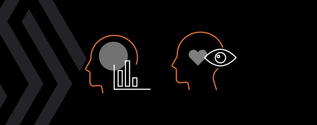 Two heads, side by side. One with data and bar graphs and the other with a heart and eye.