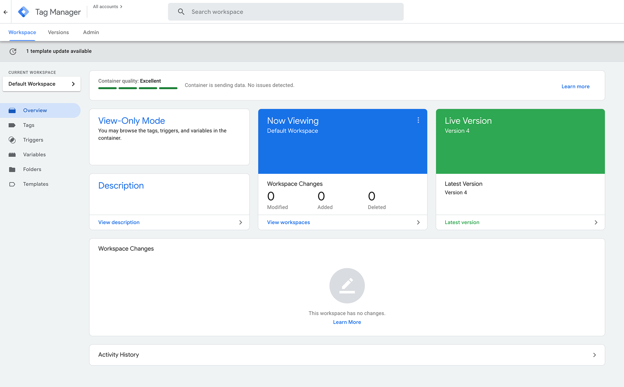 Example of the Google Tag Manager dashboard