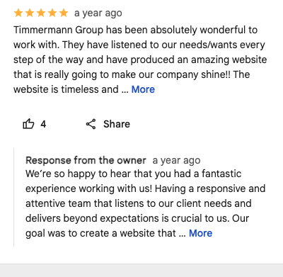 A review from Timmermann Group's GBP with a response from the owner showing appreciation