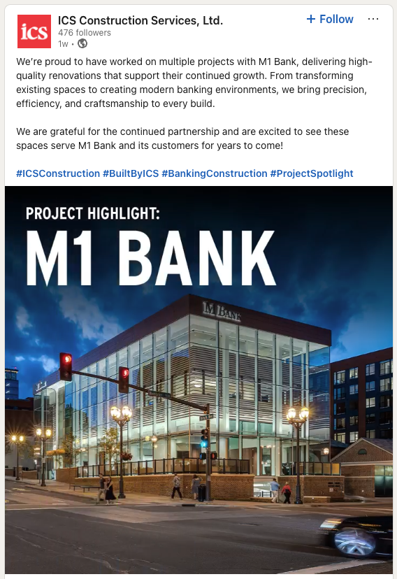 LinkedIn post for ICS Construction highlighting their M1 Bank project