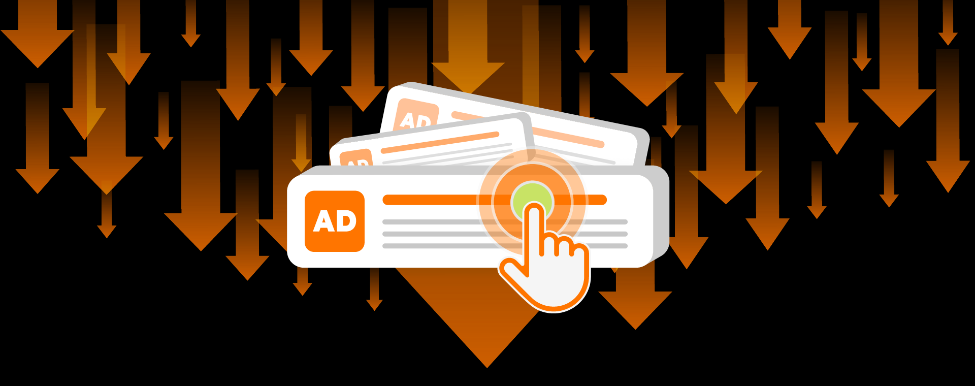 A finger-shaped cursor clicking an online ad with arrows pointing down around it.