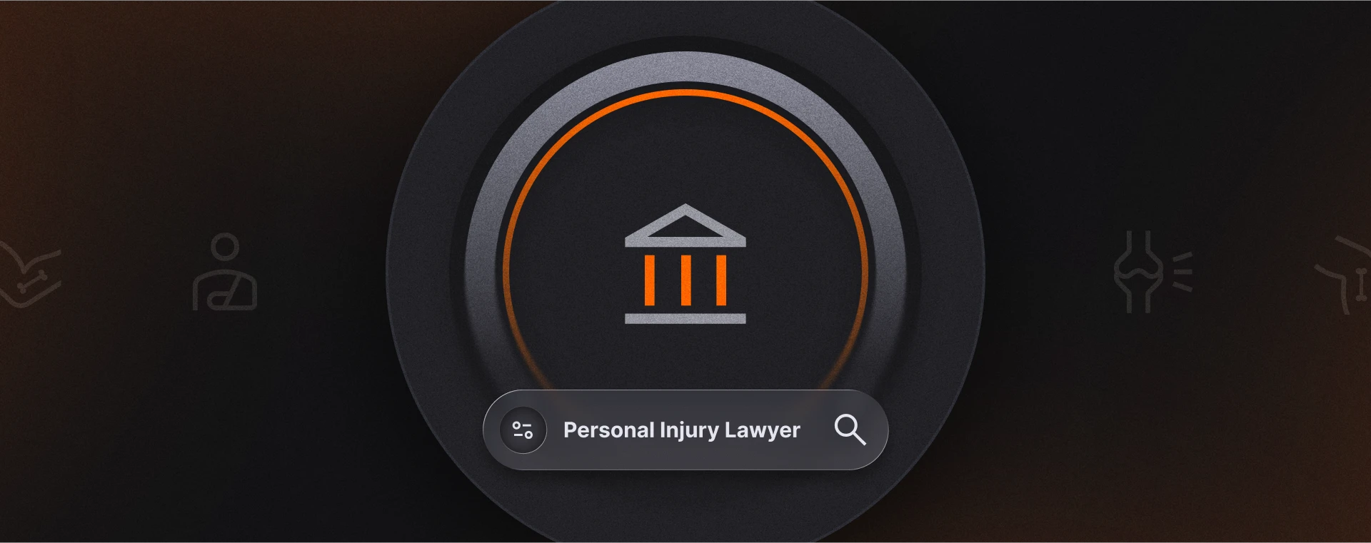 Button-style graphic featuring a courthouse icon surrounded by concentric circles, with a search bar reading “Personal Injury Lawyer.”