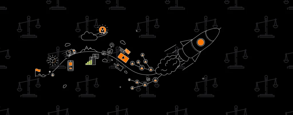A rocket ship leaving a trail of insights, emails, and data in front of scales of justice