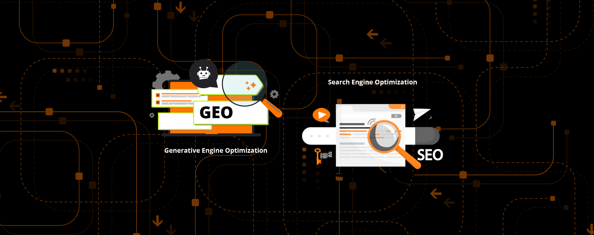 GEO and SEO side by side on a black textured background